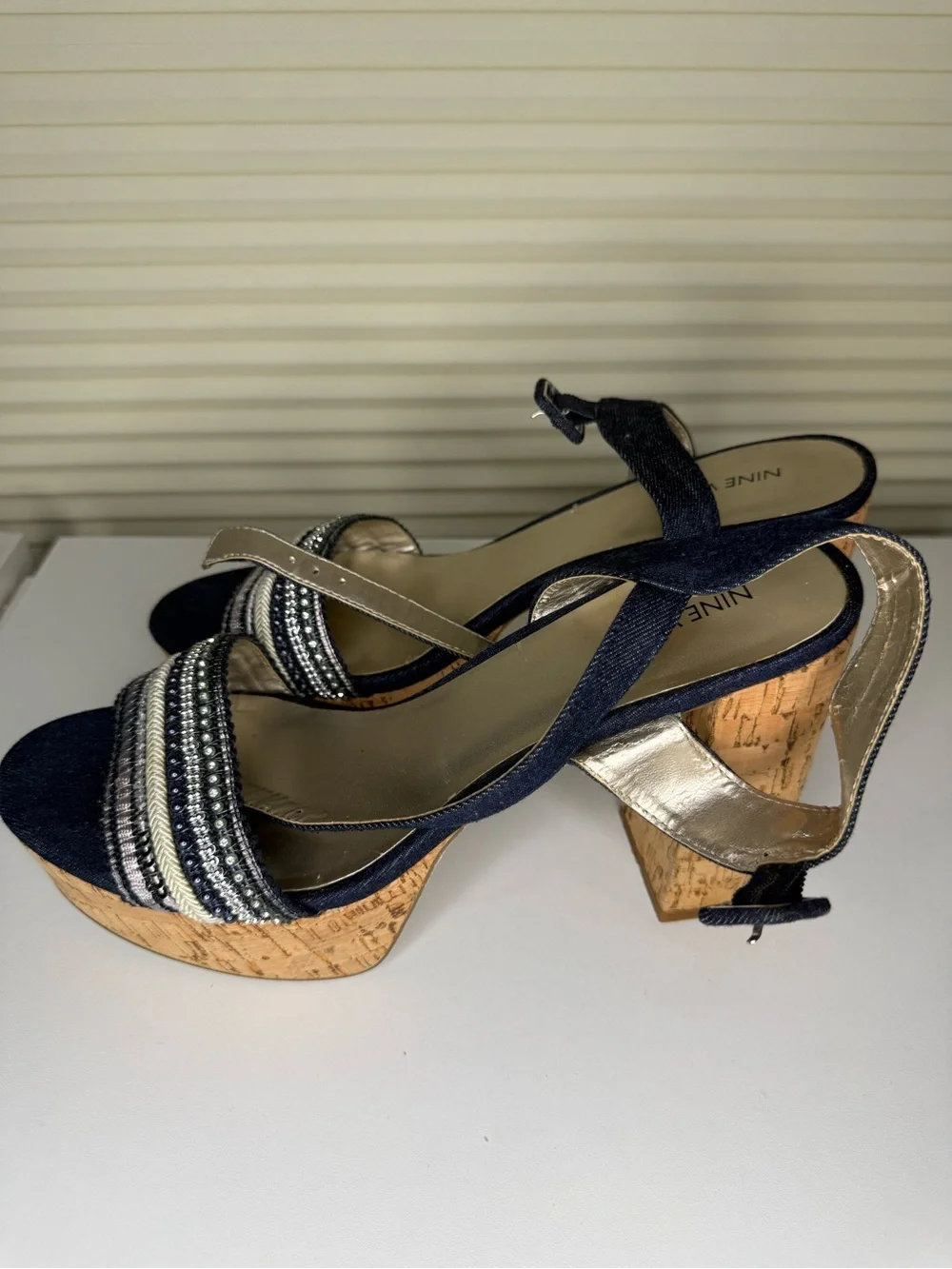 Nine West Navy and Cork Platform Sandals with Beaded Straps